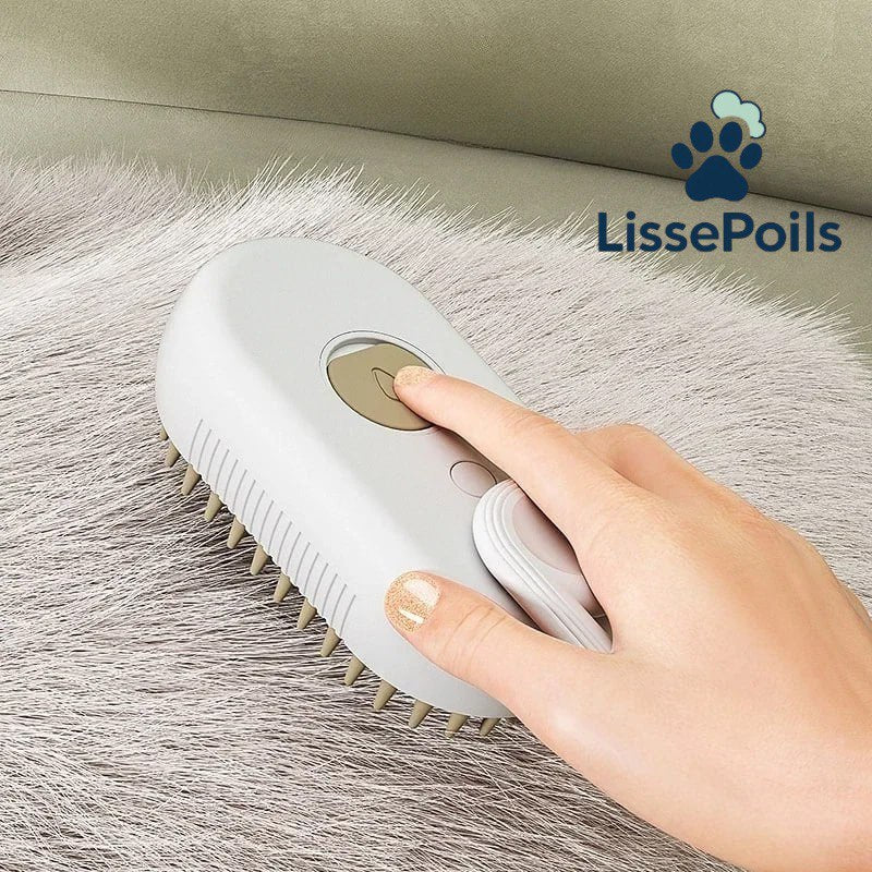 Brosse vapeur LissePoils™ posée sur fond neutre, brins en silicone visibles