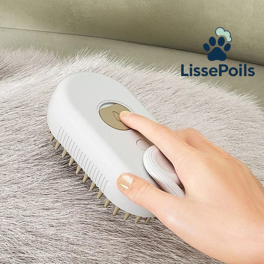 Brosse vapeur LissePoils™ posée sur fond neutre, brins en silicone visibles